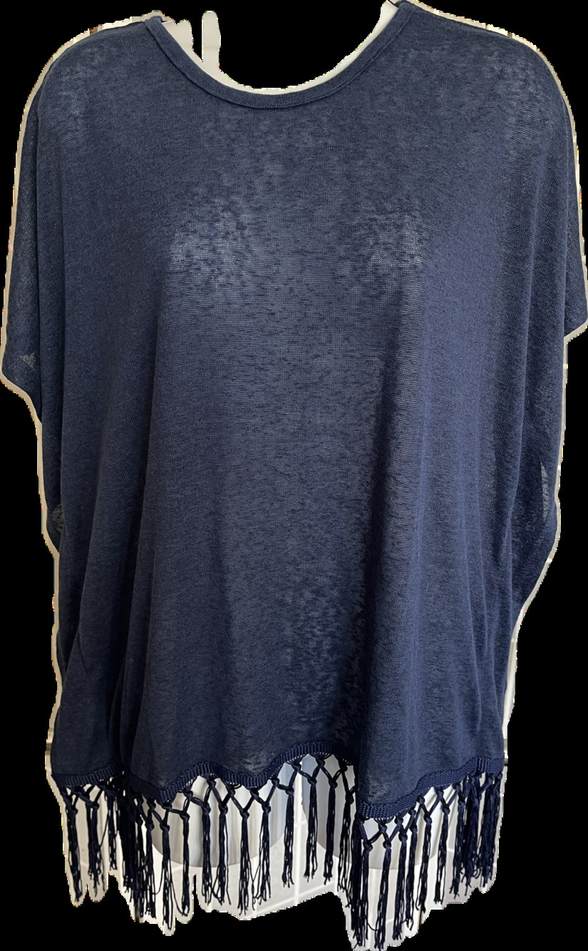 Esperanza royal blue short butterfly sleeve fringe hem medium knit top NWT